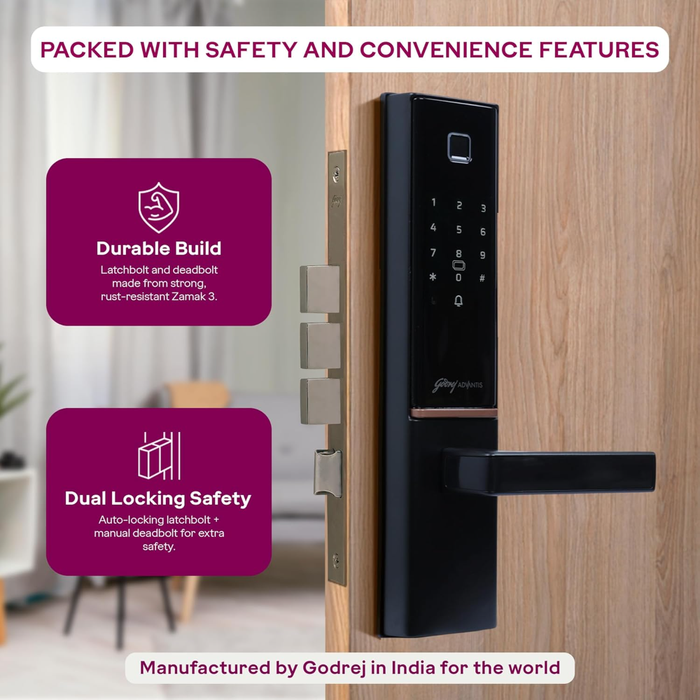 Godrej Smart Lock | The Only 7 in 1 NFC Digital Lock with Scheduled Biometric Access | VDP Compatible | Wooden Door in Home & Offices | Matte Black |3 Yrs Warranty |Made in India